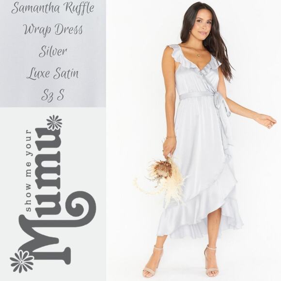 Show Me Your MuMu Dresses & Skirts - Show Me Your Mumu Samantha Ruffle Wrap Silver Luxe Satin Sz S